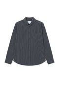 Schwarz-weißt gestreiftes Langarmhemd mit Button-Down-Kragen, einer Brusttasche und einer glatten, gewebten Textur.