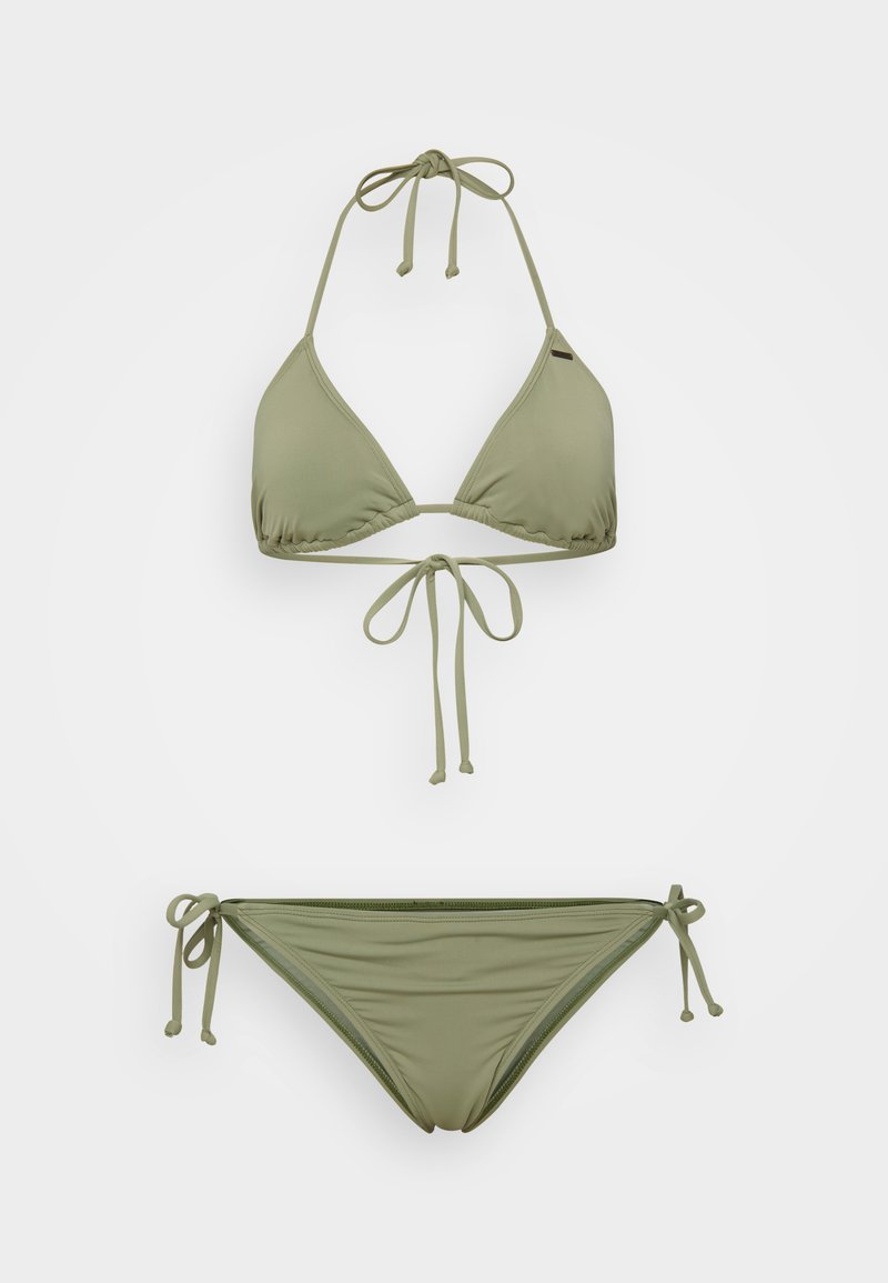 Olivgrünes Bikini-Set mit Triangel-Top und Bindebändern sowie passenden Bottoms mit Seitenschnüren. Glattes, dehnbares Material.
