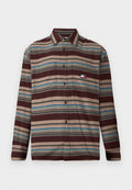 Gestreiftes Button-Up-Hemd in Braun und Beige mit blauen und grünen Akzenten, ausgestattet mit einer Brusttasche und einem kleinen Logo-Patch. Aus Baumwollmischung.