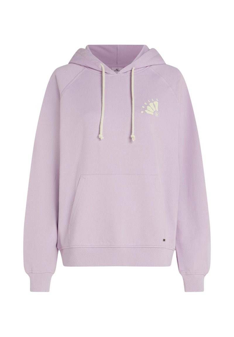 Hellviolettes Kapuzen-Sweatshirt mit Kordelzug, Fronttasche und kleinem Motiv auf der Brust. Mit gerippten Bündchen an Ärmeln und Saum.