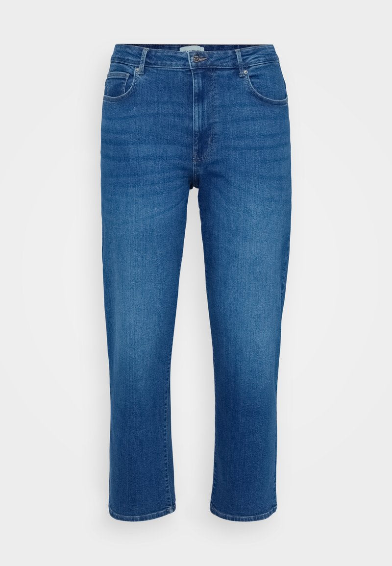Blaue Denim-Jeans im geraden Schnitt, im Fünf-Taschen-Stil, mit klassischem Knopf- und Reißverschluss, die dezente Used-Waschungen an der Vorderseite aufweisen.