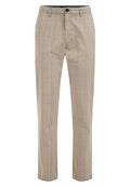 Beige Hosen mit einem subtilen Streifenmuster, aus leichtem Stoff, mit einem Knopfverschluss und vorderen Taschen.