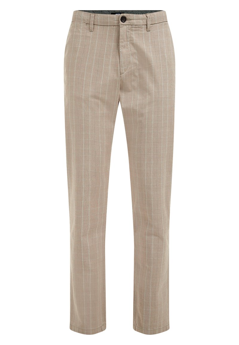 Beige Hosen mit einem subtilen Streifenmuster, aus leichtem Stoff, mit einem Knopfverschluss und vorderen Taschen.