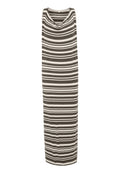 Gestreiftes Maxikleid in dunklem Grün und Creme, mit drapiertem Ausschnitt, ärmellosem Design und weichem Stoffgefühl.