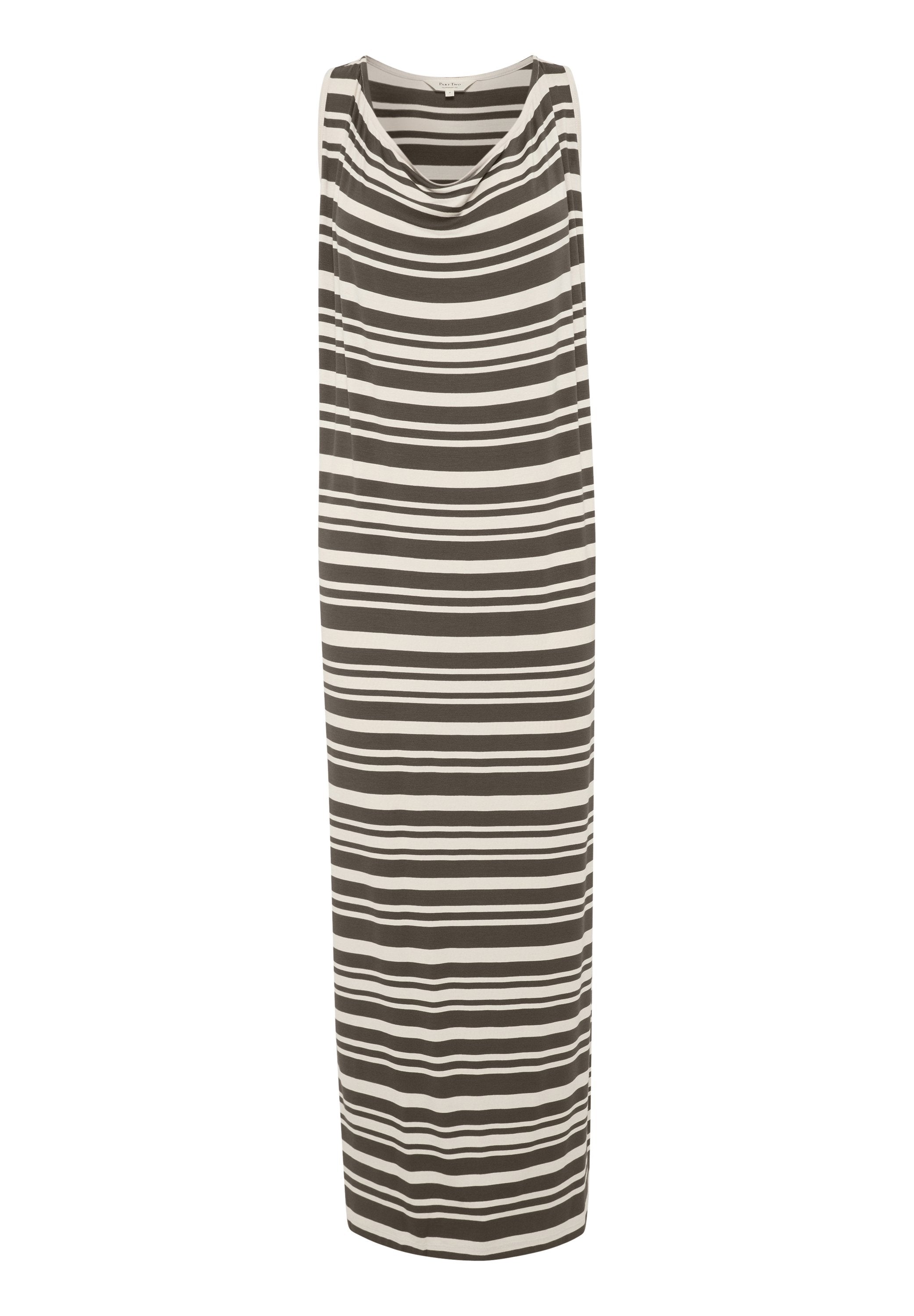 Gestreiftes Maxikleid in dunklem Grün und Creme, mit drapiertem Ausschnitt, ärmellosem Design und weichem Stoffgefühl.