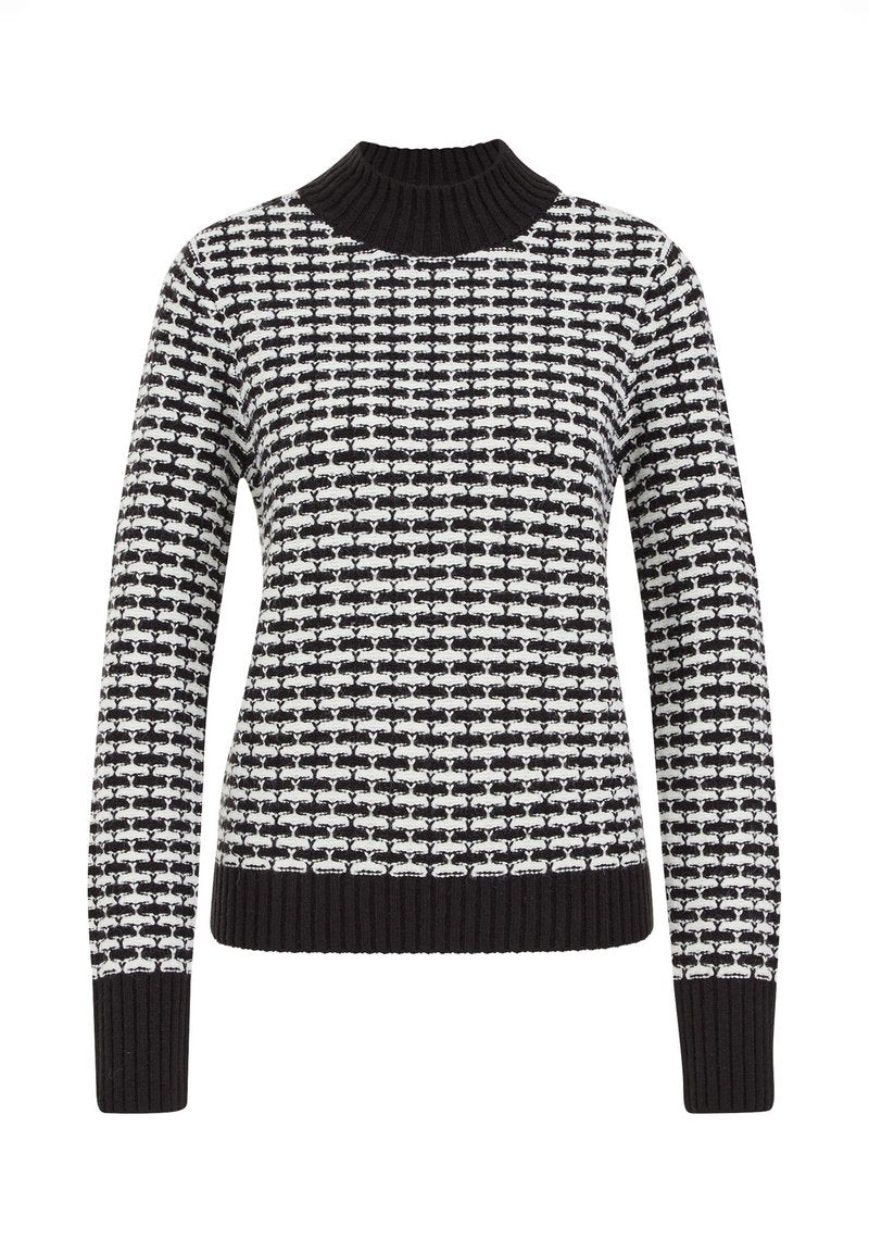 Schwarz-weißer, gemusterter Strickpullover mit hohem Rippenkragen, langen Ärmeln und einem anliegenden Rippenabschluss. Verfügt über ein strukturiertes Hahnentrittmuster.