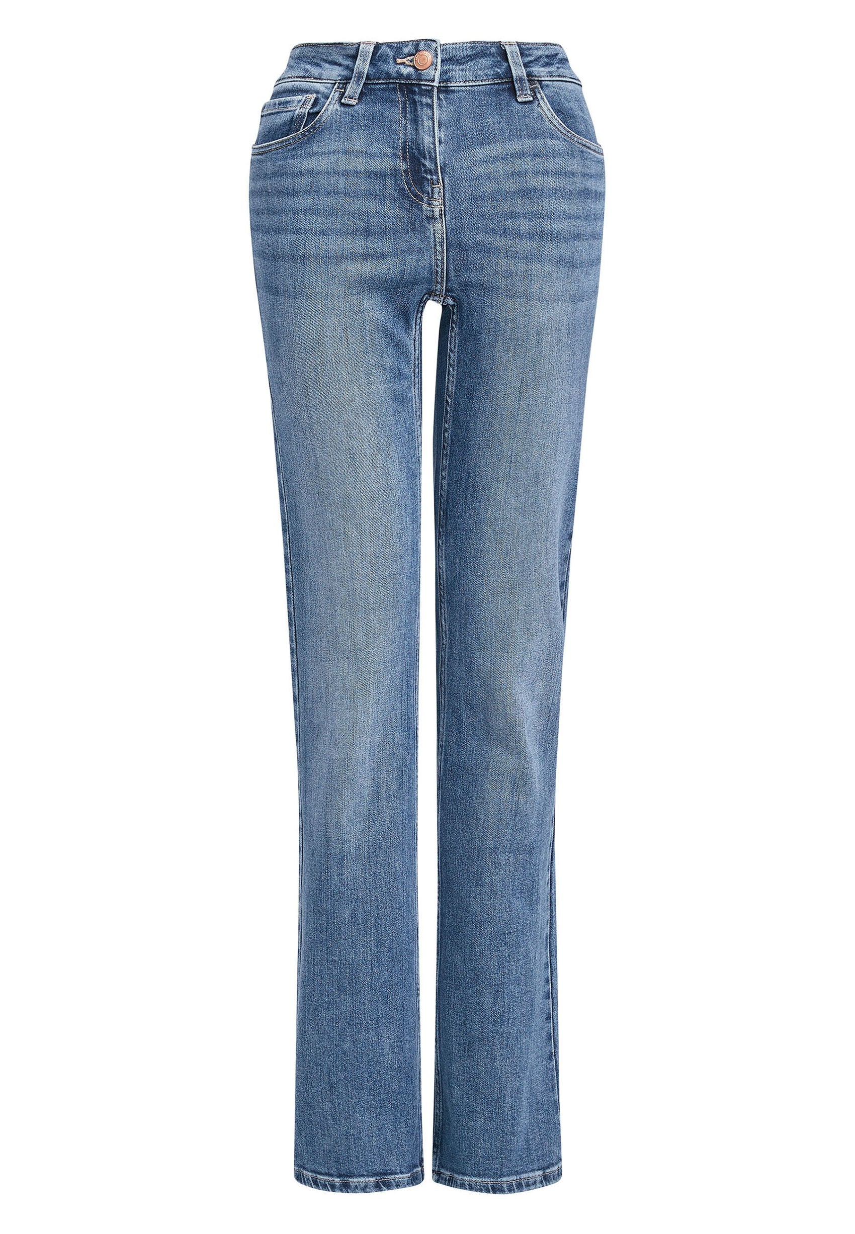 Hochtaillierte blaue Jeans aus Denim mit geradem Bein, fünf Taschen und leichtem Used-Look an der Vorderseite.
