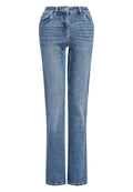 Hochtaillierte blaue Jeans aus Denim mit geradem Bein, fünf Taschen und leichtem Used-Look an der Vorderseite.