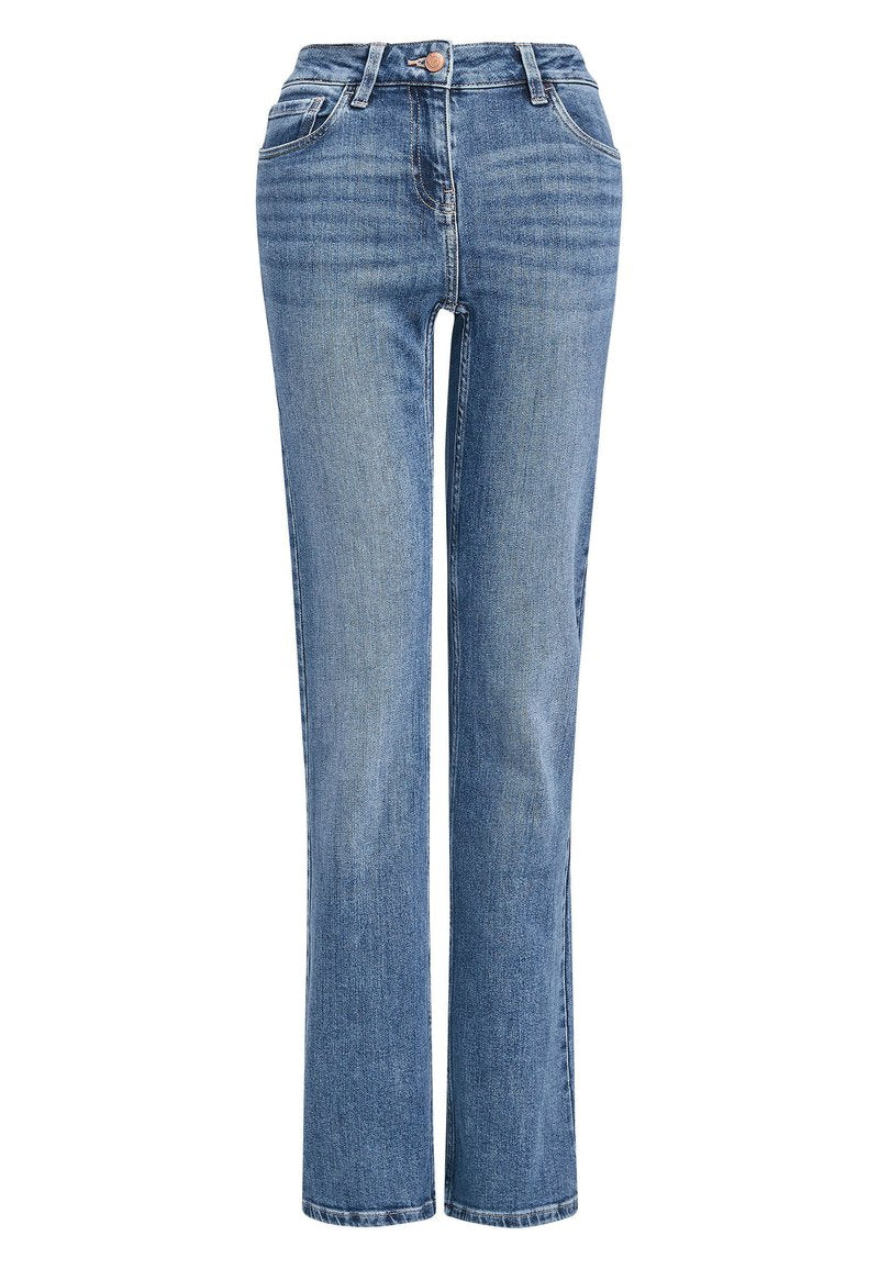 Hochtaillierte blaue Jeans aus Denim mit geradem Bein, fünf Taschen und leichtem Used-Look an der Vorderseite.