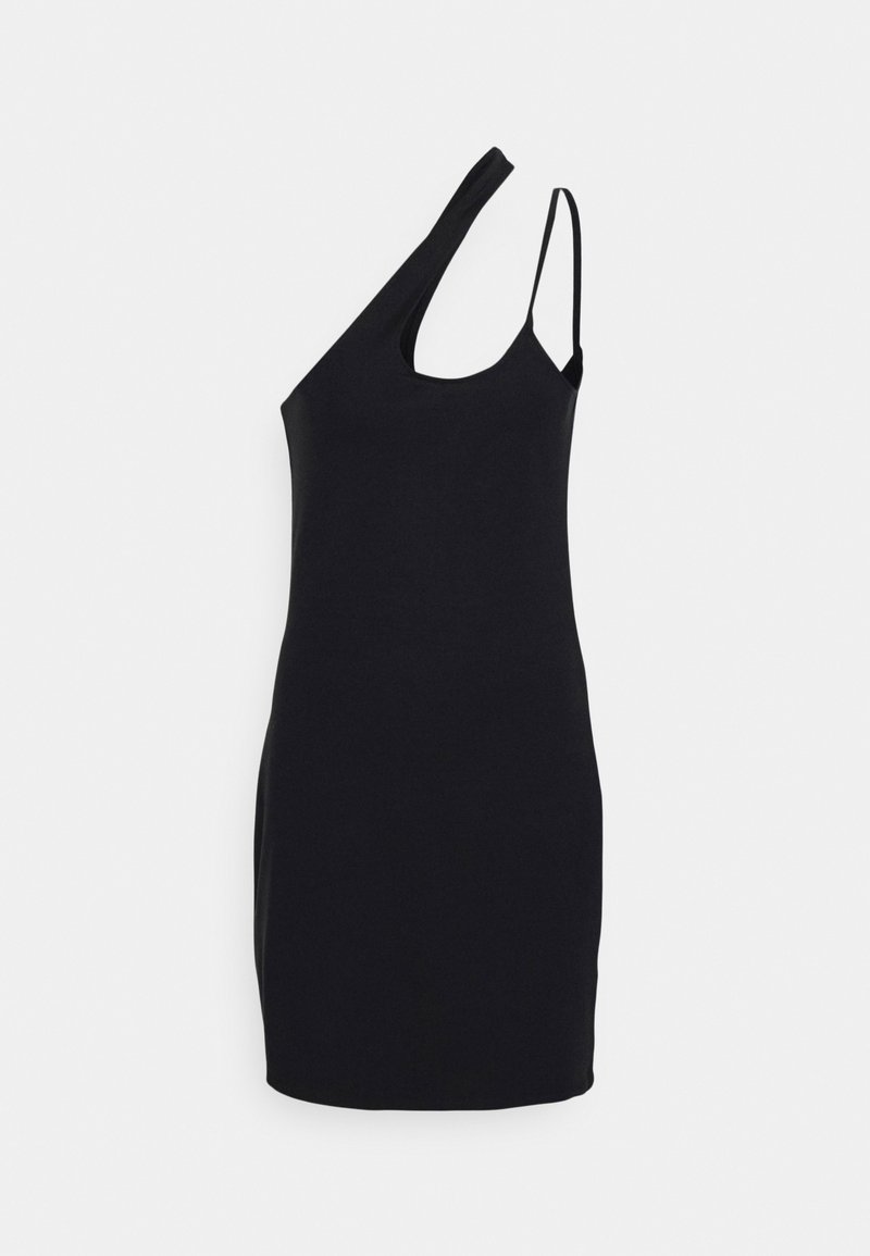 Schwarzes, ärmelloses Kleid mit asymmetrischem Design und einem schmalen Schulterriemen. Glatte Stoffqualität und taillierte Silhouette. Keine Muster oder Metallteile.