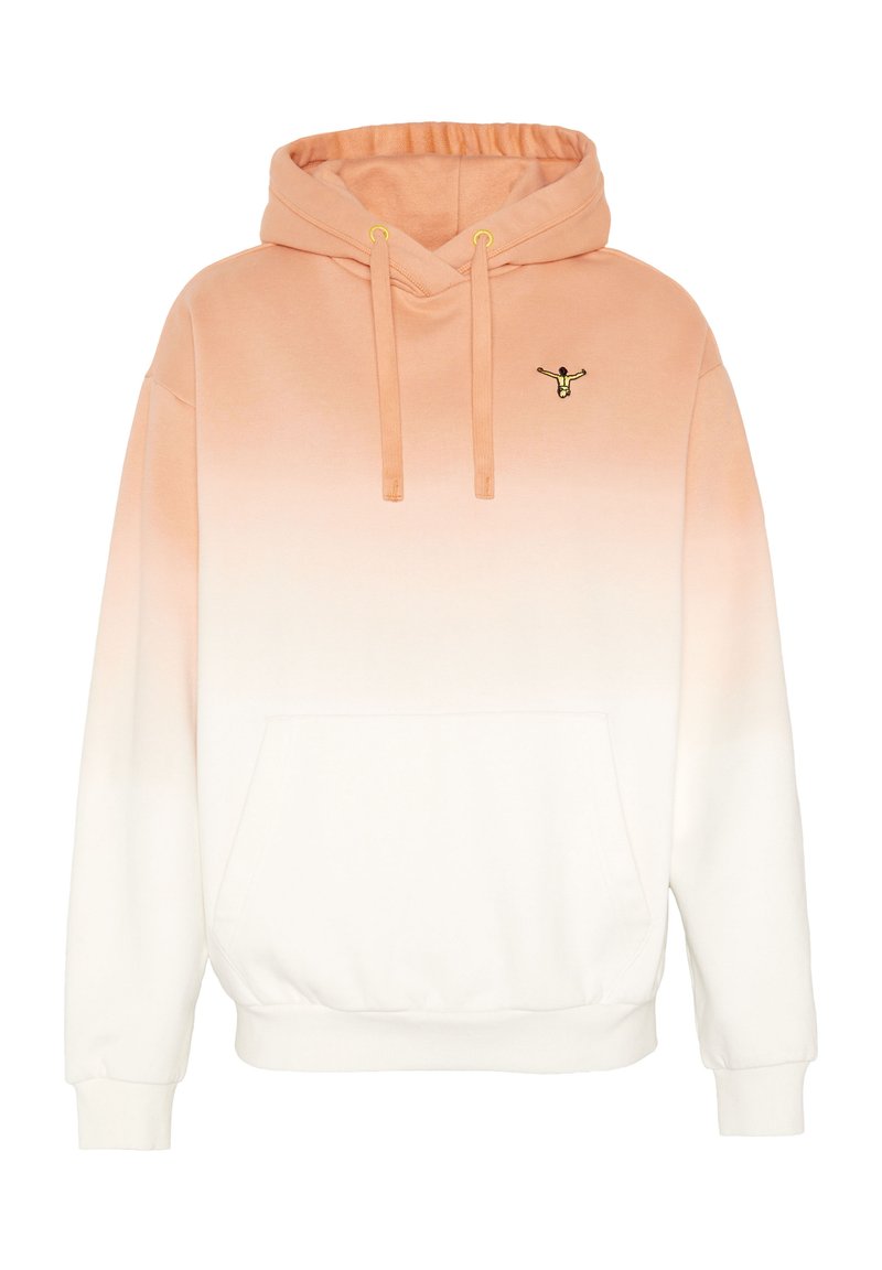Hoodie mit orange-weißem Farbverlauf, vordere Kängurutasche, orangefarbene Kordeln und kleinem besticktem Taucherlogo auf der Brust.