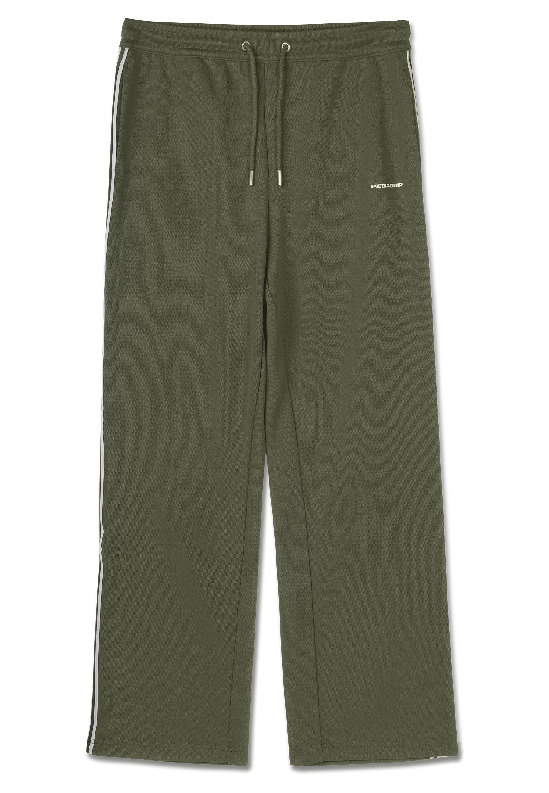Olivgrüne Jogginghosen mit entspannter Passform, aus weichem Stoff, mit weißen Seitenstreifen und verstellbarem Kordelzugbund.