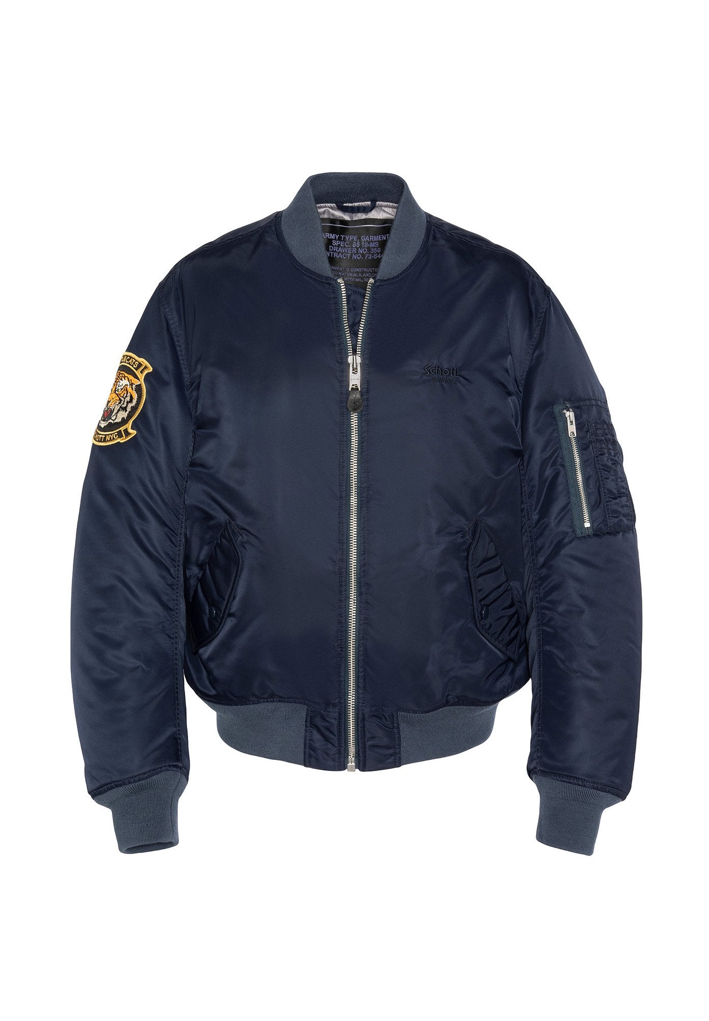 Navyblaues Bomberjackett aus glänzendem Nylon, mit Reißverschluss vorne, gerippten Bündchen, zwei Seitentaschen und einem Patch auf dem linken Ärmel.