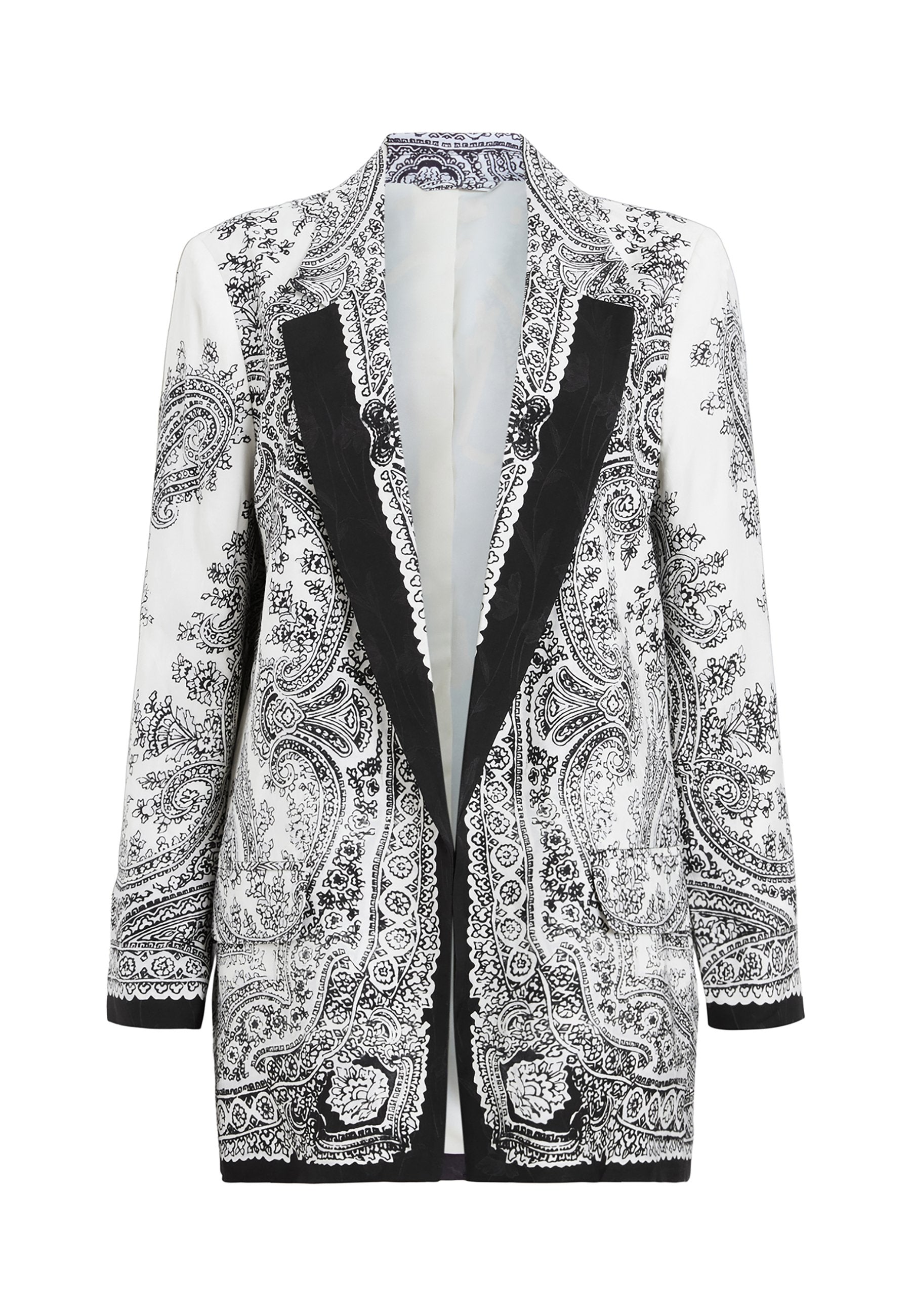Schwarz-weißer Blazer mit Paisleymuster, satinähnlichem Stoff, Reverskragen, Ein-Knopf-Verschluss und langen Ärmeln.