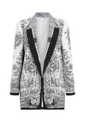 Schwarz-weißer Blazer mit Paisleymuster, satinähnlichem Stoff, Reverskragen, Ein-Knopf-Verschluss und langen Ärmeln.