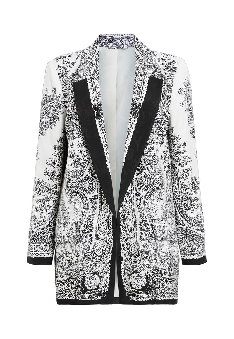Schwarz-weißer Blazer mit Paisleymuster, satinähnlichem Stoff, Reverskragen, Ein-Knopf-Verschluss und langen Ärmeln.