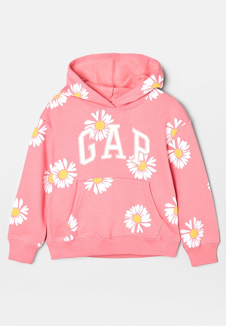Rosa Kapuzenpullover mit weißen und gelben Gänseblümchenmustern sowie großen weißen "GAP"-Buchstaben auf der Brust, ausgestattet mit einer vorderen Kängurutasche und Kapuze.