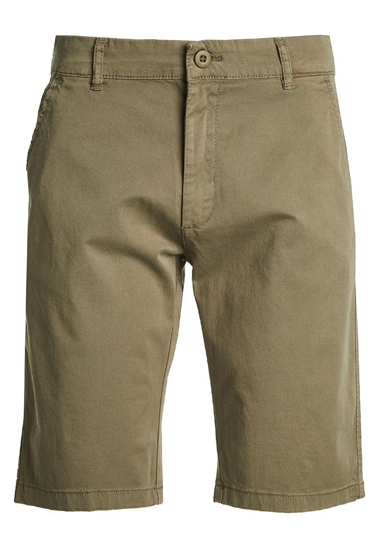 Khakifarbene Baumwollshorts mit geradem Schnitt, Knopfverschluss und Fronttaschen. Glatte Textur, leicht zerknittertes Aussehen und umgeschlagener Saum.