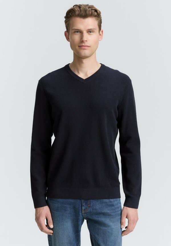 TOM TAILOR MIT V-AUSSCHNITT - Jumper - knitted navy melange