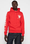 Roter Baumwoll-Hoodie mit Kordelzügen und Kängurutasche. Mit Logo auf der Vorderseite und Text auf dem linken Ärmel. Bequeme Passform, gerippte Bündchen und Saum.