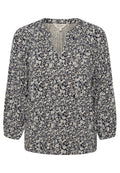 Marineblaue Bluse mit V-Ausschnitt, langen Ärmeln und lockerer Passform. Ausgestattet mit hellblauen und cremfarbenen Blumenmustern auf einem strukturierten Stoff.
