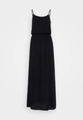 Schwarzes Maxikleid mit dünnen Spaghetti-Trägern, geraffter Taille und fließendem Rock aus leichtem Stoff. Glatte Textur ohne Muster.