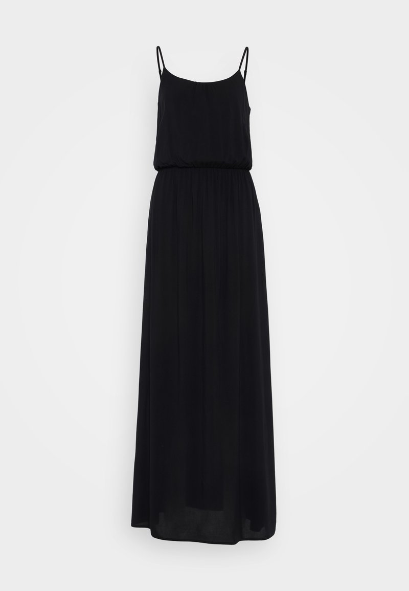 Schwarzes Maxikleid mit dünnen Spaghetti-Trägern, geraffter Taille und fließendem Rock aus leichtem Stoff. Glatte Textur ohne Muster.