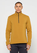 Senfgelber Pullover mit hohem Kragen, Halb-Reißverschluss vorne und langen Ärmeln. Hergestellt aus weichem Material mit glatter Textur.