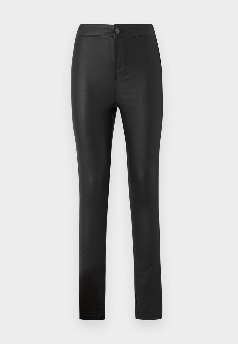 Schwarze Leggings aus flexiblem, glattem Material mit körpernahem Schnitt, ausgestattet mit einem Frontknopf und einem Reißverschluss sowie geraden Beinen.