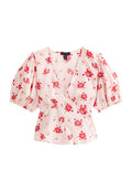 Bluse mit Blumenmuster in Pink mit Karomuster, ausgestattet mit Puffärmeln, einem tiefen V-Ausschnitt und Knopfverschluss auf der Vorderseite.