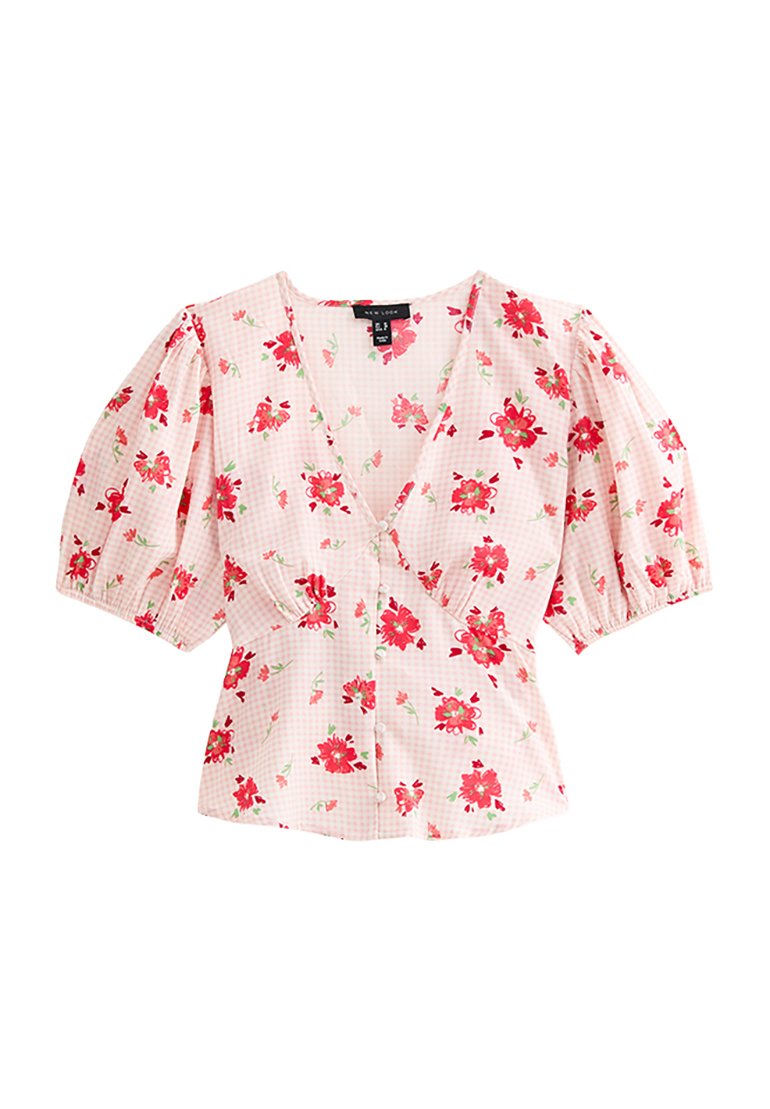 Bluse mit Blumenmuster in Pink mit Karomuster, ausgestattet mit Puffärmeln, einem tiefen V-Ausschnitt und Knopfverschluss auf der Vorderseite.