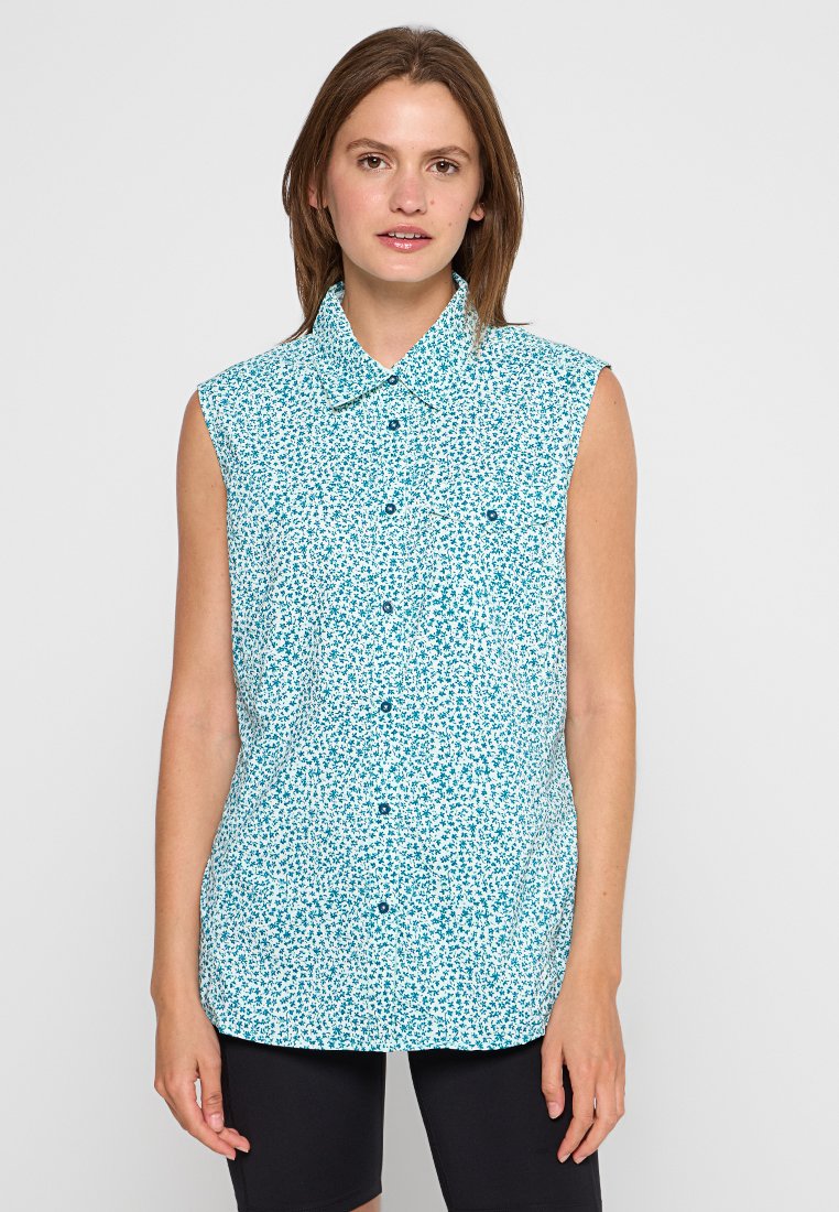 Leichtes ärmelloses Hemd in Aqua mit floraler Muster, vorne mit Knöpfen zu schließen und mit spitzem Kragen, aus glattem Stoff gefertigt.