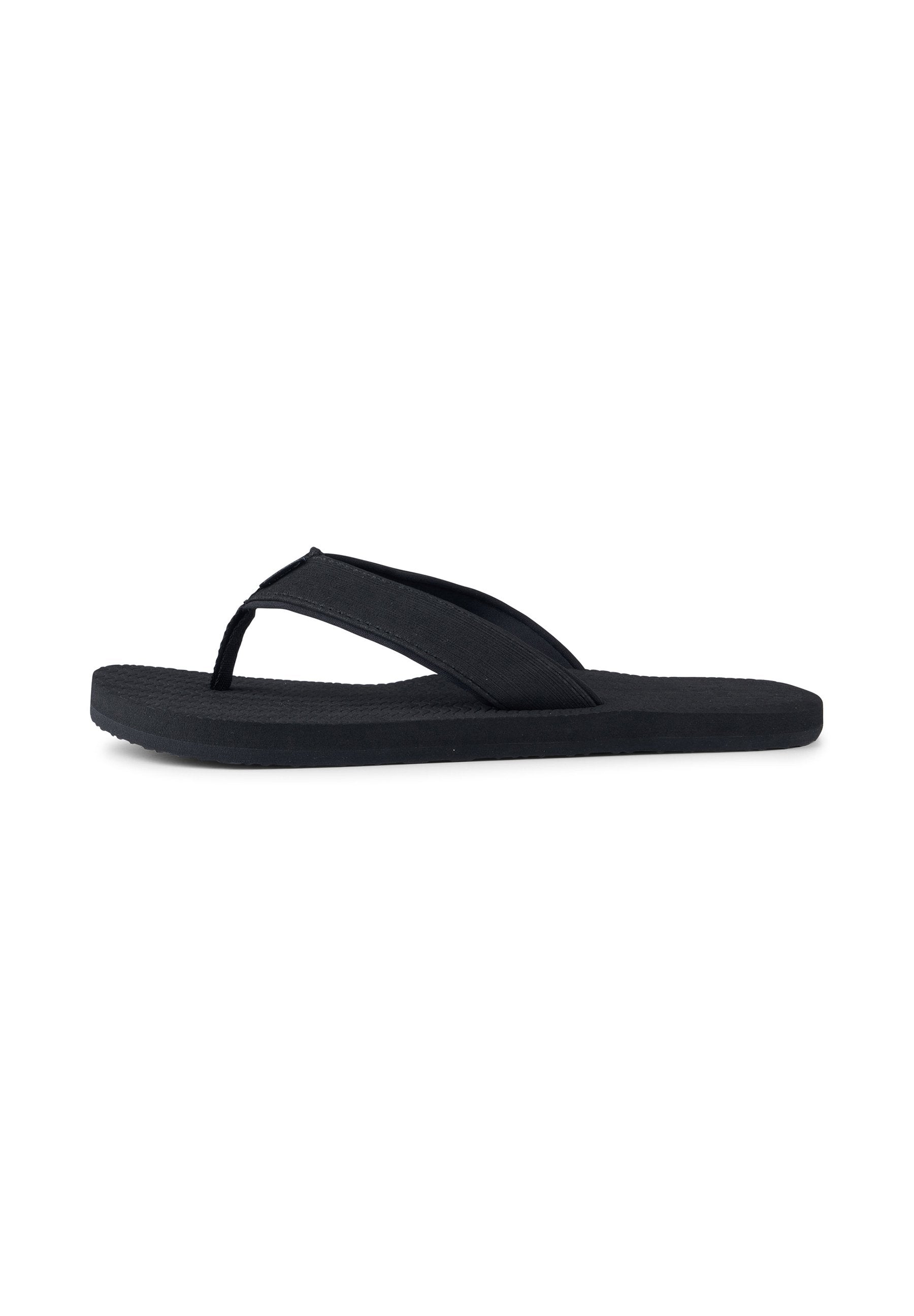 Schwarze Flip-Flop-Sandale mit strukturierter Sohle und einem weichen Riemen. Das Material ist Gummi, mit einfacher, flacher Form.
