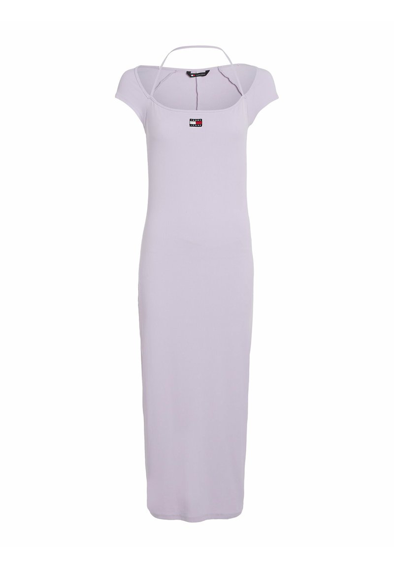Lilafarbenes Midikleid aus geripptem Stoff mit kurzen Ärmeln, einem quadratischen Ausschnitt und einem dünnen, verstellbaren Riemen am Rücken. Kleines Logodetail enthalten.