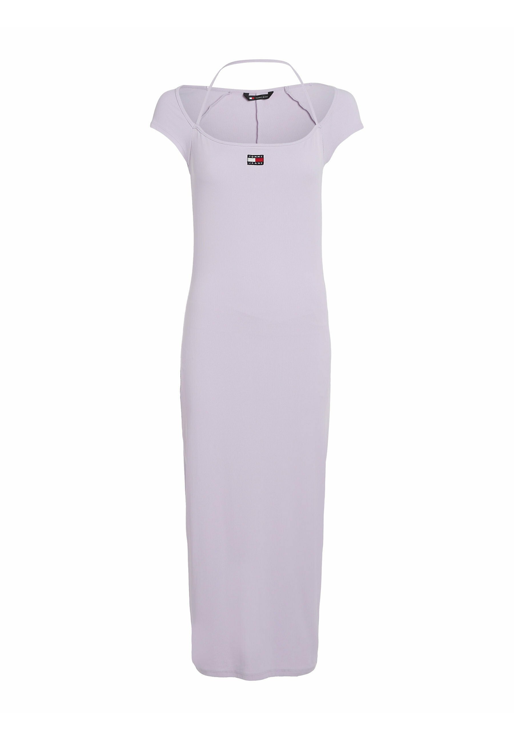 Lilafarbenes Midikleid aus geripptem Stoff mit kurzen Ärmeln, einem quadratischen Ausschnitt und einem dünnen, verstellbaren Riemen am Rücken. Kleines Logodetail enthalten.