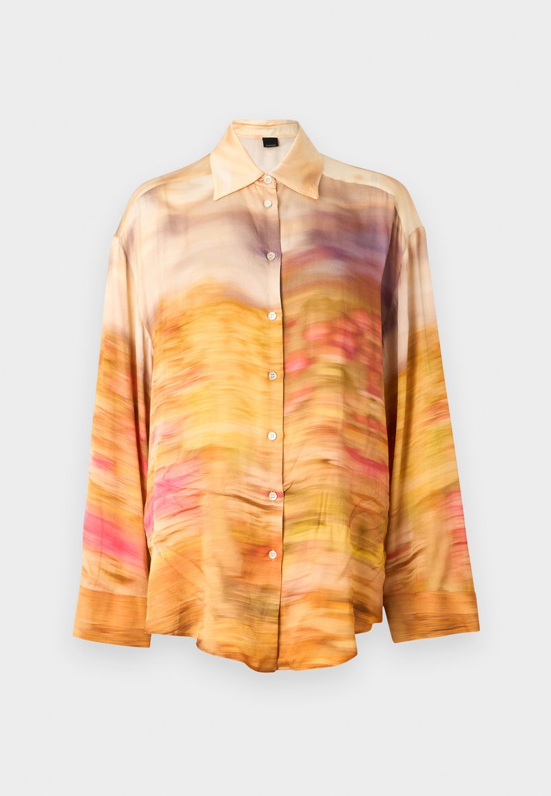 Seidenhemd mit Knopfleiste, das ein abstraktes Muster in den Farbtönen Orange, Pink und Lila aufweist, mit einem klassischen Kragen und langen Ärmeln.