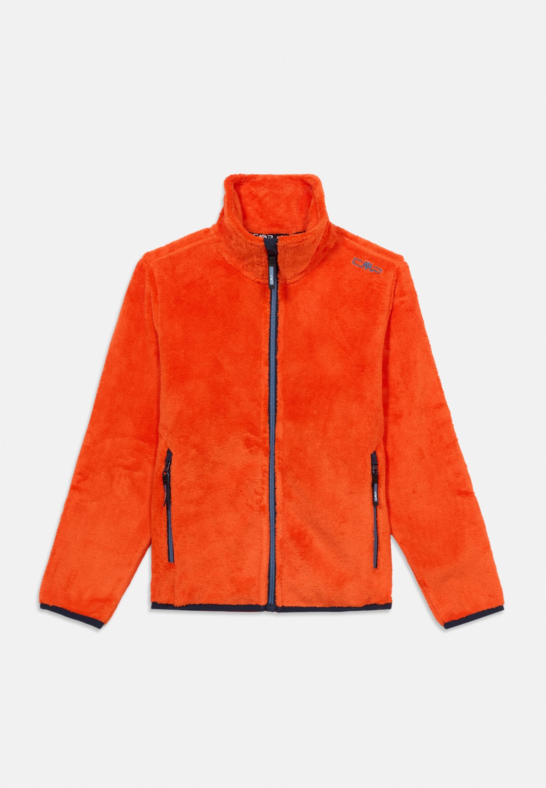 Fleecejacke in leuchtendem Orange mit hohem Kragen, durchgehendem Frontreißverschluss und zwei seitlichen Reißverschlusstaschen. Kontrastreiche marineblaue Einfassung am Saum und an den Ärmeln.