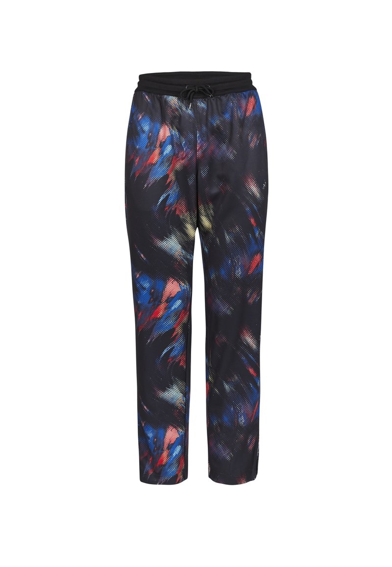Schwarze Sporthose mit einem bunten abstrakten Muster in Blau-, Rot- und Gelbtönen. Elastischer Bund mit Kordelzug zur Anpassung.