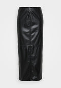 Schwarzer Leder-Midi-Rock mit glatter Textur, vertikalen Nahtdetails und einem elastischen Bund für eine figurbetonte Silhouette.