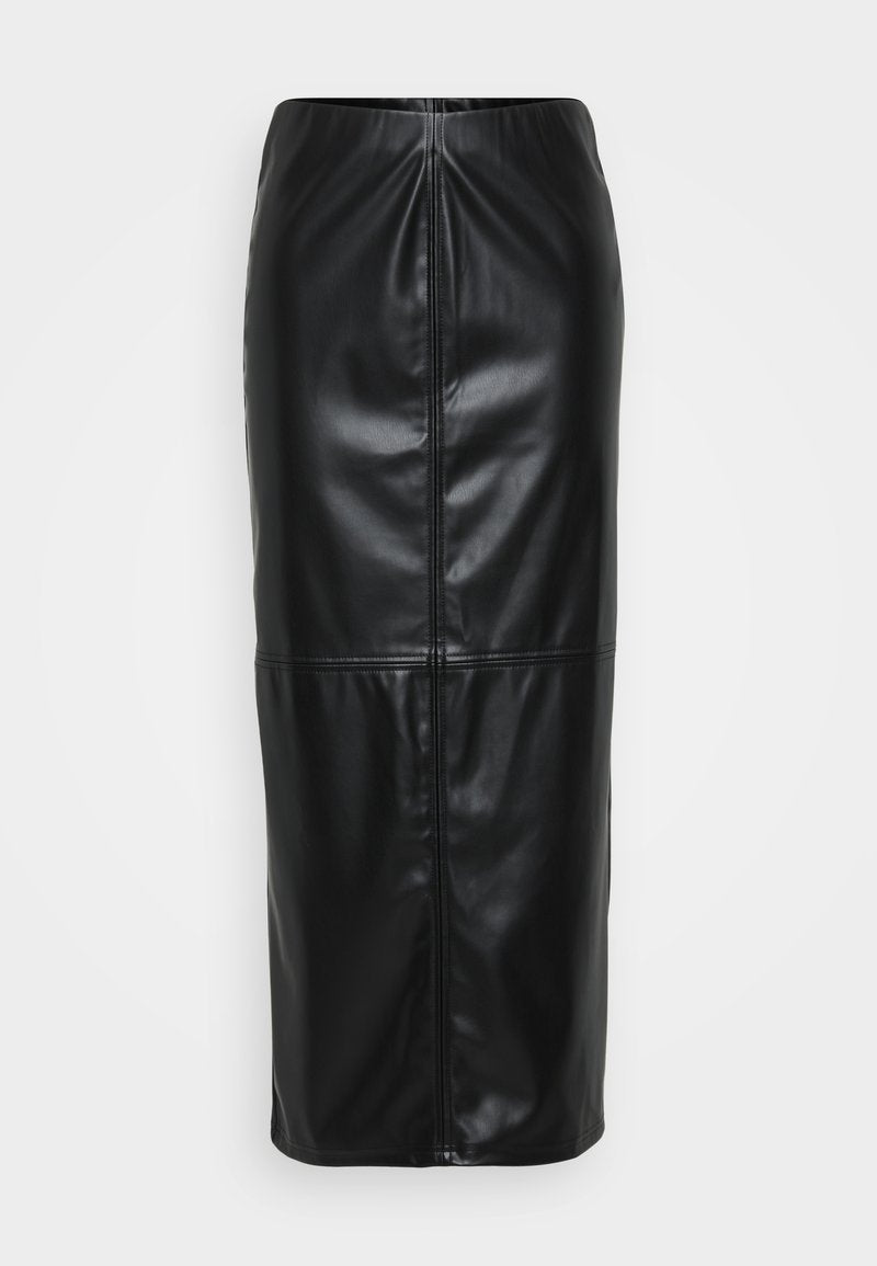 Schwarzer Leder-Midi-Rock mit glatter Textur, vertikalen Nahtdetails und einem elastischen Bund für eine figurbetonte Silhouette.