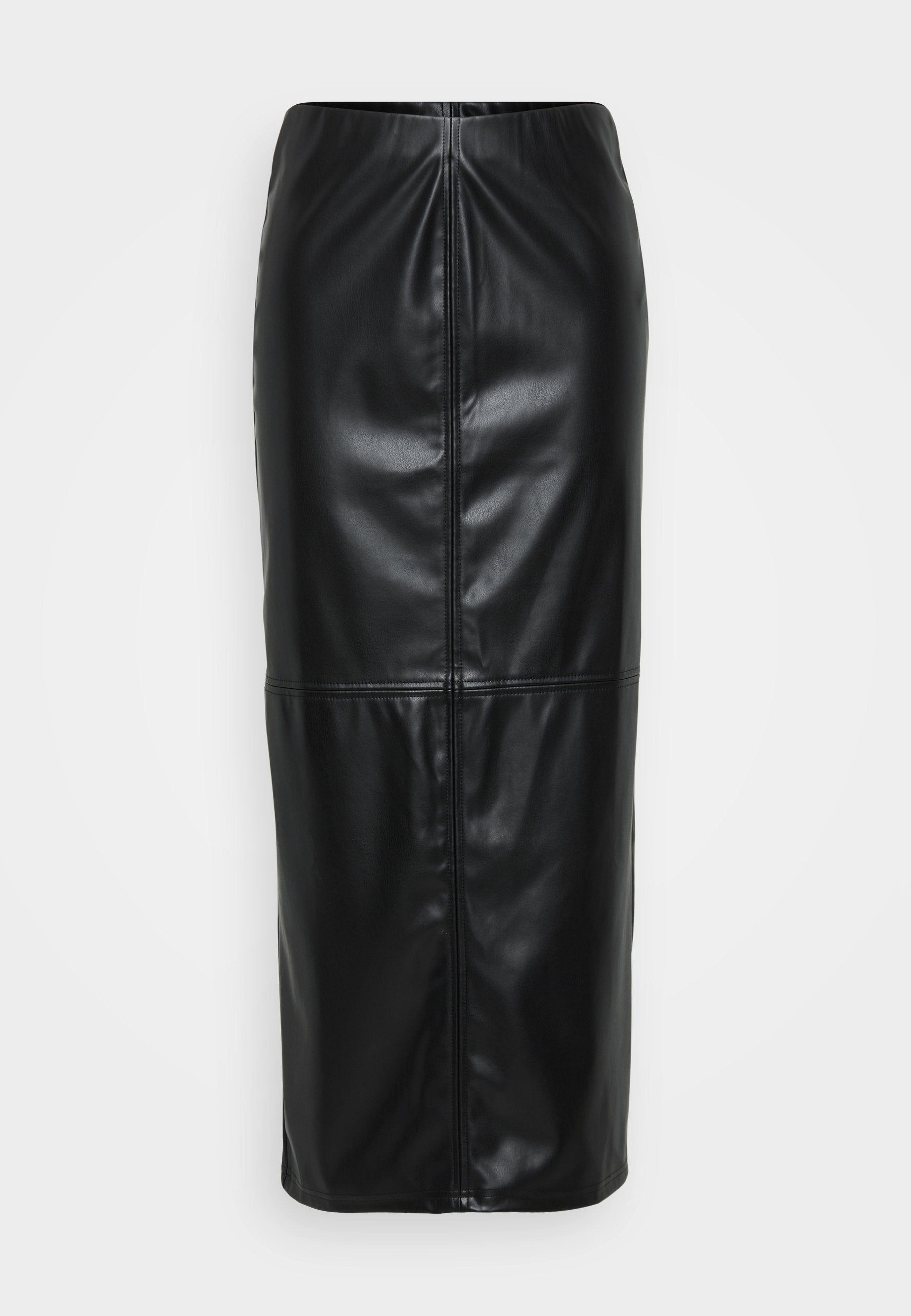 Schwarzer Leder-Midi-Rock mit glatter Textur, vertikalen Nahtdetails und einem elastischen Bund für eine figurbetonte Silhouette.