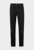 Schwarze Slim-Fit-Denim-Jeans mit Fünf-Taschen-Design, vorderer Knopfverschluss und kontrastierenden Metallbeschlägen. Strukturierter Stoff mit subtilen Verblassungen.