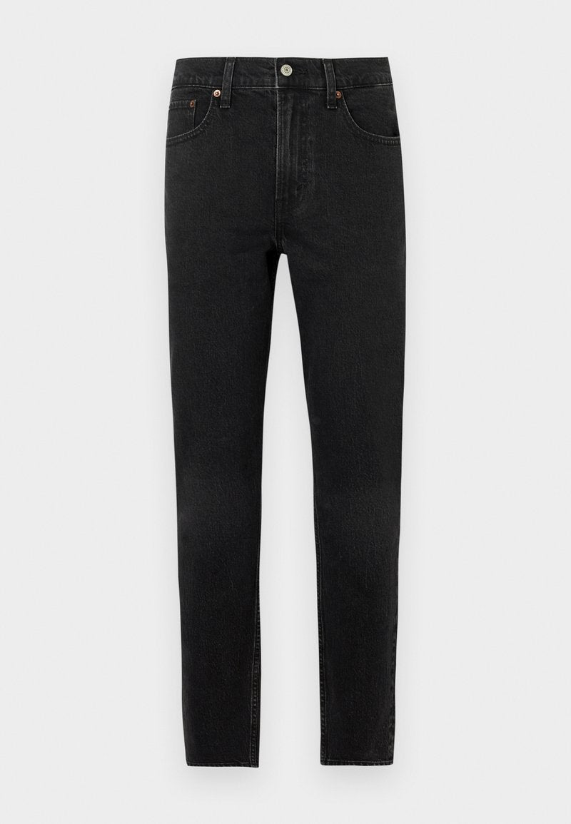 Schwarze Slim-Fit-Denim-Jeans mit Fünf-Taschen-Design, vorderer Knopfverschluss und kontrastierenden Metallbeschlägen. Strukturierter Stoff mit subtilen Verblassungen.