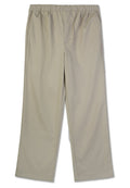 Beige Pluderhosen mit einem elastischen Bund, zwei seitlichen Taschen und einer glatten Stofftextur.