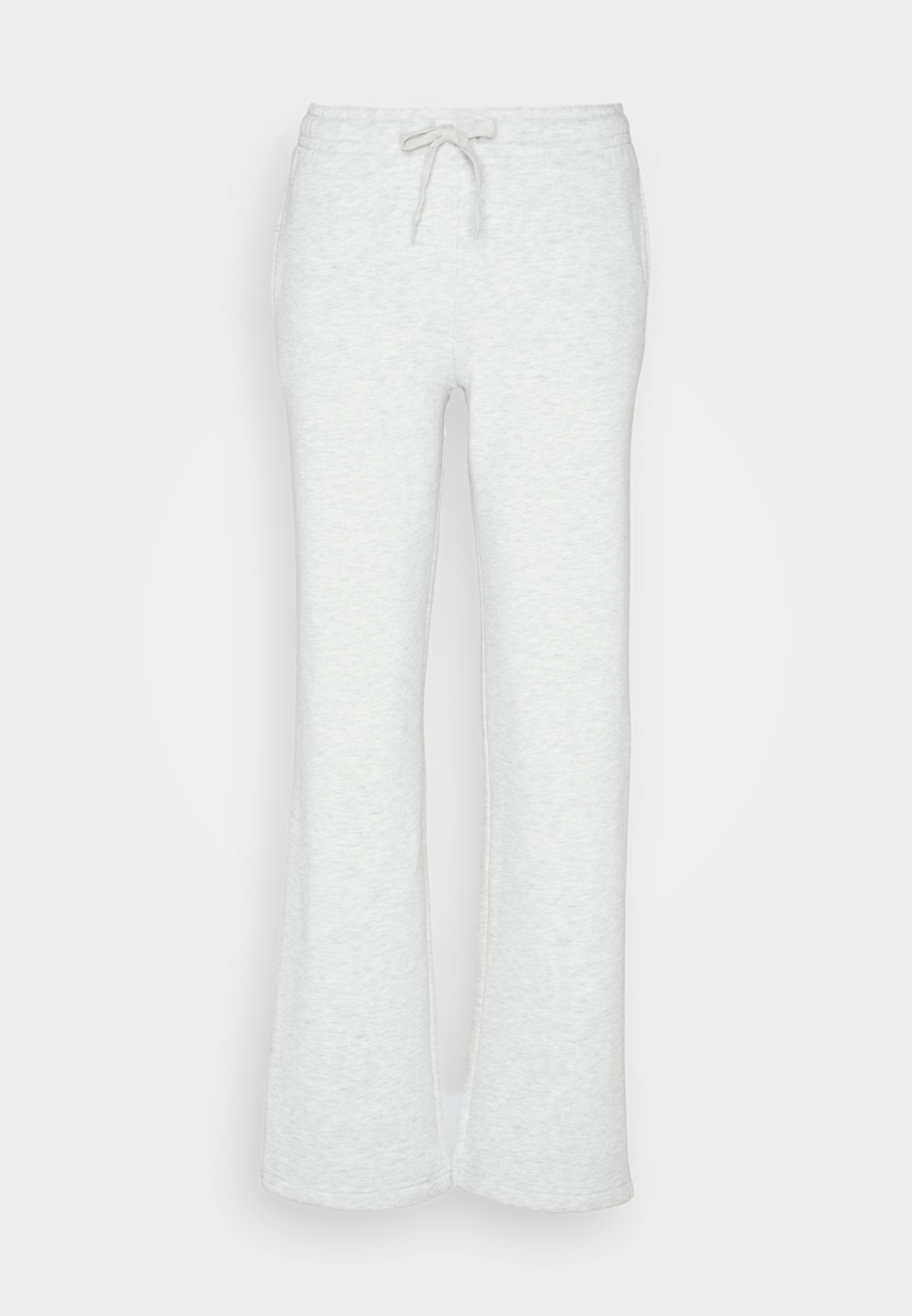 Helle graue, ausgestellte Sweatpants mit einem Kordelzugbund und weichem, strukturiertem Stoff, der ein schlichtes Design ohne Muster oder Akzente zeigt.