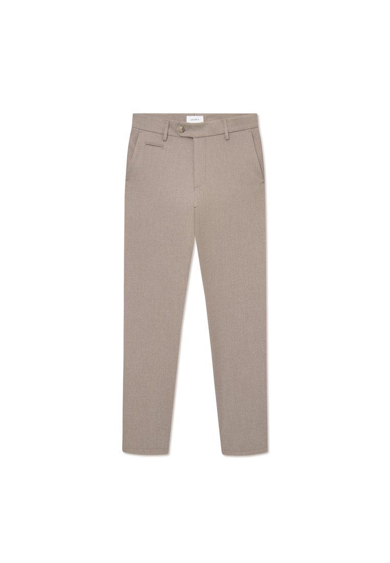 Beige maßgeschneiderte Hose mit glatter Textur, schmalem Schnitt, vorderen Taschen und Knopfverschluss; minimalistisches Design und klare Linien.