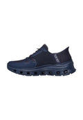 Marineblaue Skechers Slip-On Sneaker mit atmungsaktivem Mesh, Schnürdesign und belüftetem Sohlen mit rechteckigen Ausschnitten.