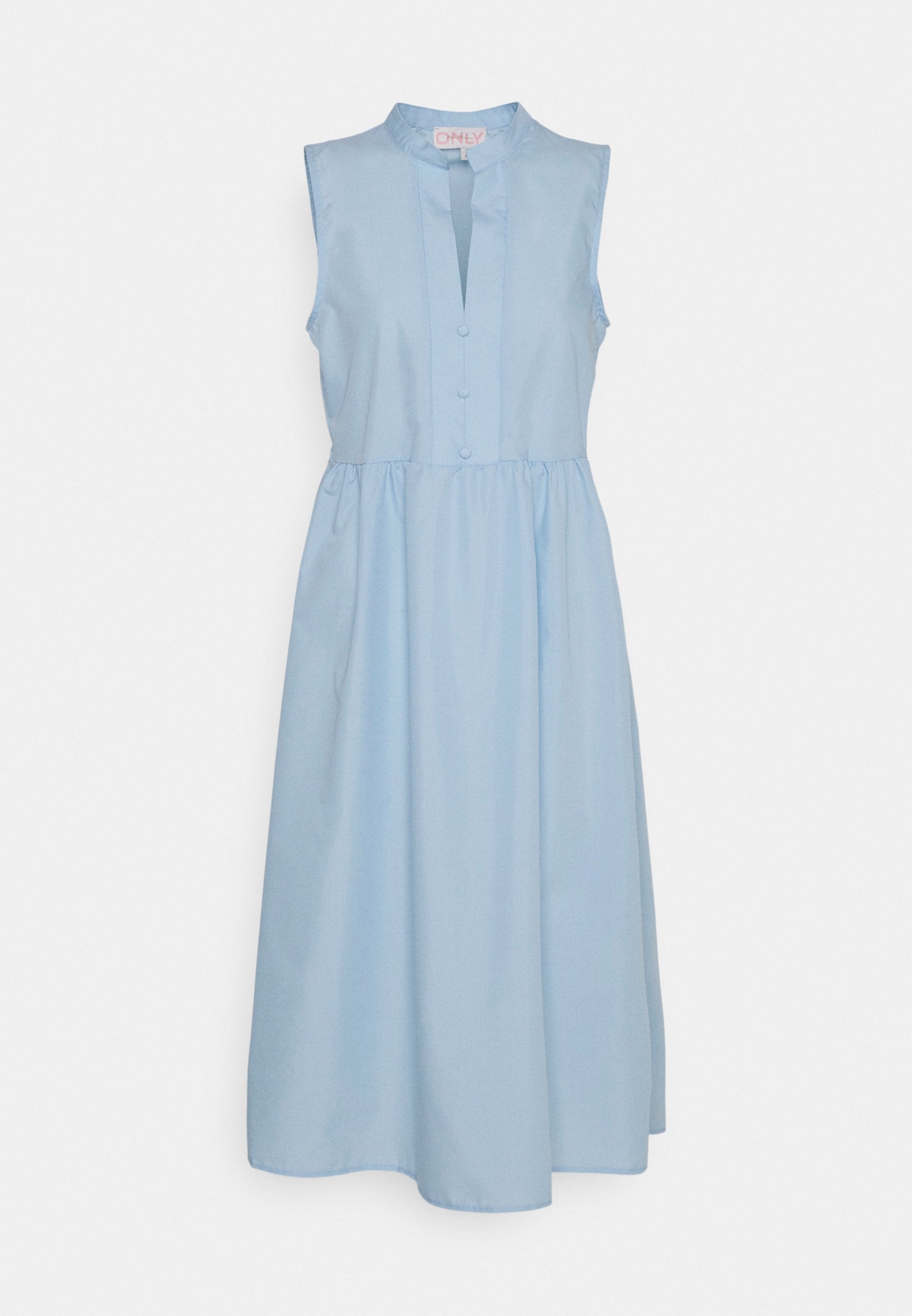 Helles, blaues ärmelloses Kleid mit einem Kragen, Knopfleiste und gerafftem Bund, aus glattem Stoff für eine bequeme Passform.