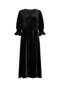Schwarzes Samt-Midi-Kleid mit plissiertem V-Ausschnitt, puffärmeligen 3/4-Ärmeln, gerafften Manschetten und ausgestellt Rock.