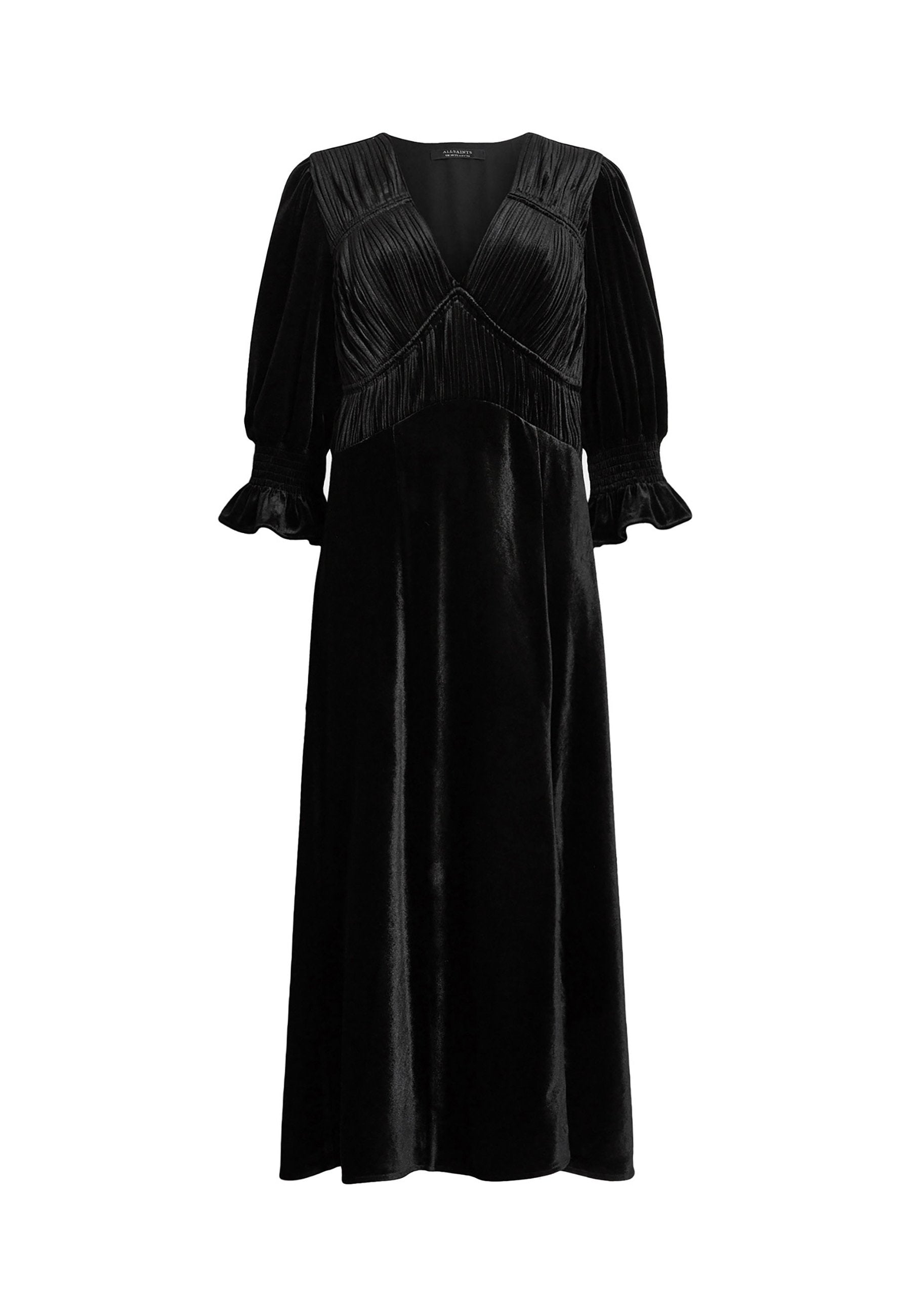 Schwarzes Samt-Midi-Kleid mit plissiertem V-Ausschnitt, puffärmeligen 3/4-Ärmeln, gerafften Manschetten und ausgestellt Rock.